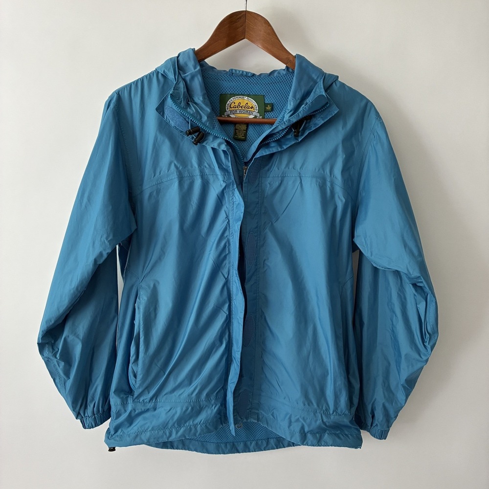 Cabelas Women Small Outerwear Rain Jacket Blue Packable Hooded Nylon Windbreaker
